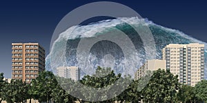 Tsunami wave apocalyptic water view urban flood Storm. 3D illustration