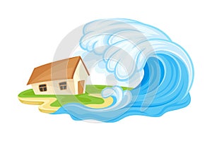 Tsunami Wave Battering Upon the House as Natural Cataclysm Vector Illustration