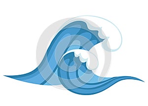Tsunami wave. Big blue sea wave in cartoon style. Cataclysm color icon. Vector illustration isolated on white background. Web site