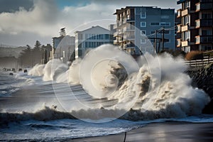 tsunami wave crashing over seawall, flooding coastal city