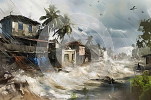 Tsunami wave destroy village. Generate Ai