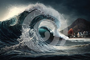 Tsunami wave hits the shore, created with Generative AI technology