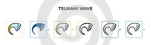 Tsunami wave vector icon in 6 different modern styles. Black, two colored tsunami wave icons designed in filled, outline, line and