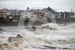 tsunami waves crash onto shore and breach coastal dikes, causing flooding and destruction