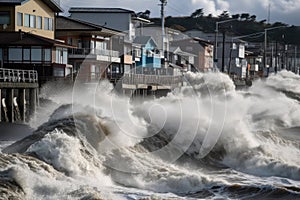 tsunami waves crash over seawalls, flooding coastal cities and towns