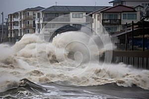 tsunami waves crash over seawalls, flooding coastal cities and towns