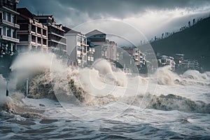 tsunami waves crashing into coastal city, flooding buildings and bringing destruction