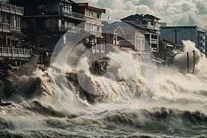 tsunami waves crashing into coastal city, flooding buildings and bringing destruction