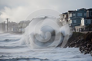 tsunami waves crashing over seawalls and dikes in coastal communities