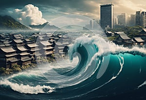 Tsunami waves encroach on land submerging Japanese coastal city, Digital art style