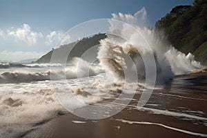 tsunami waves pounding into shore, sending spray and debris flying