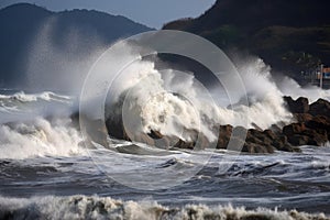 tsunami waves pounding into shore, sending spray and debris flying