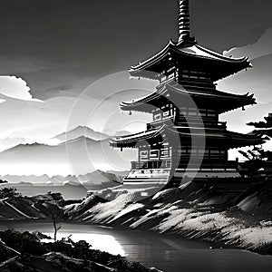Kyoto from japan illustration, landscape art, japan, black and white, line art created with generative ai photo