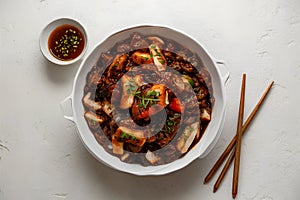 Tteok bokki elegantly presented against a white background