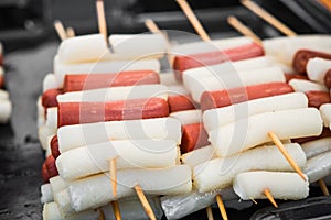 Tteok kochi rice dumplings with sausage, a staple Korean street food dish.