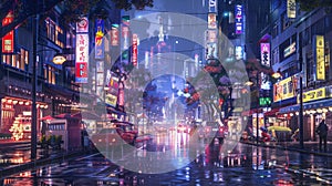 beautiful japanese tokyo city town in the evening, digital art, anime style photo