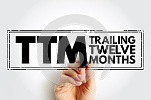 TTM Trailing Twelve Months - measurement of a company\'s financial performance used in finance, acronym text concept stamp