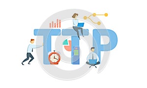 TTP, Time To Peak. Concept with keywords, people and icons. Flat vector illustration. Isolated on white.