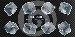 Ttranslucent ice cubes of irregular shape isolated on dark background. Realistic vector elements for summer design
