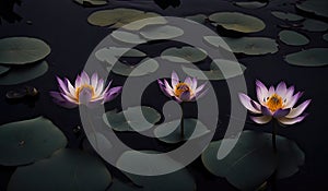 Ttree Beautiful blossoms purple lotus or waterlily on dark water surface at lotus pond. Space for text