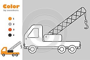 Ttruck crane in cartoon style, color by number, education paper game for the development of children, coloring page, kids