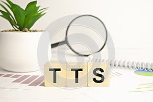 tts sign on wooden cubes and magnifier