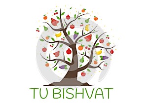 Tu BiShvat Template Hand Drawn Cartoon Flat Illustration Blooming tree with Objects of Seven Species of Fruits on White background