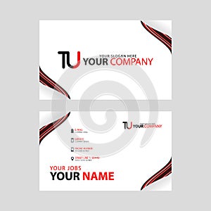 The TU logo on the red black business card with a modern design is horizontal and clean. and transparent decoration on the edges.