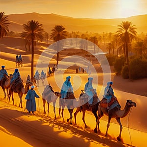 Tuaregs with camels on Western Sahara Desert in Africa