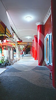 Tuban East Java,23 june 2019: Hallway with chinese ornaments leading to the inside of the Kwan Sing Bio temple vihara.