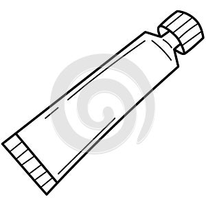 A tube with acrylic or gouache paint. An artistic tool. Doodle style. Hand-drawn black and white vector illustration. The design