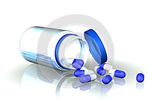 Tube of blue capsules overturned