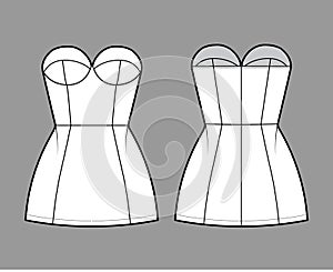 Tube dress technical fashion illustration with bustier, sleeveless, strapless, fitted body, mini length skirt garment
