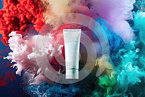 A tube of makeup is placed in front of a colorful explosion of smoke, Mock up tube, Generative AI