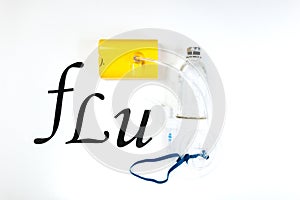 Tube mask nebulizer and tubular transparent cable, saline and the word flu on a white background