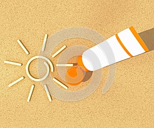 Tube of sunscreen on beach sand