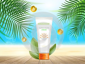 Tube of Sunscreen cream on sunny summer beach