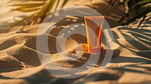 A tube of sunscreen on the sand in the shade of the trees