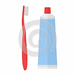 Tube of toothpaste and tooth brush in flat style on white background. Vector