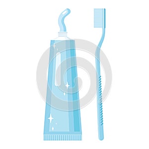 Tube of toothpaste and toothbrush in flat style isolated on white background.
