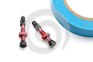 tubeless presta valves with tube less rim tape on plain background (cut out, isolated on white) valve