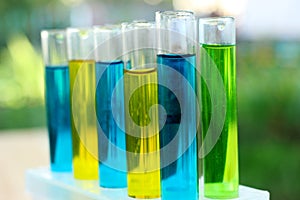 Tubes with aqueous of colored dyes.solutions