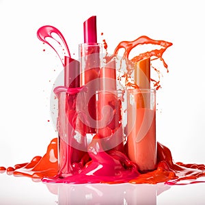Tubes of bright red, orange and yellow lipstick flow and melt, splashes on white. For advertising