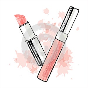 Tubes of lipstick, painted with grunge and watercolor brushes, fashion pastel colors. Illustration vector