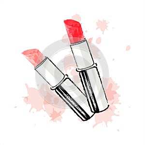 Tubes of lipstick, painted with grunge and watercolor brushes, fashion pastel colors. Illustration vector