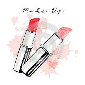 Tubes of lipstick, painted with grunge and watercolor brushes, fashion pastel colors. Illustration vector