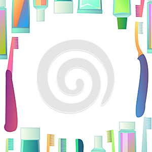 Tubes of toothpaste and toothbrushes picture frame around edge of picture. Round proportion. Items for dental and oral