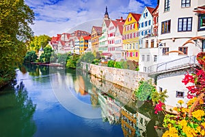 Tubingen, Germany. Colorful german small town, autumn landscape river Neckar