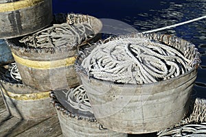 Tubs of hooks and lines for longline fishing boat