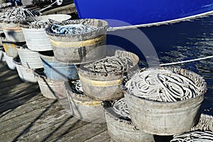 Tubs of hooks and lines for longline fishing boat